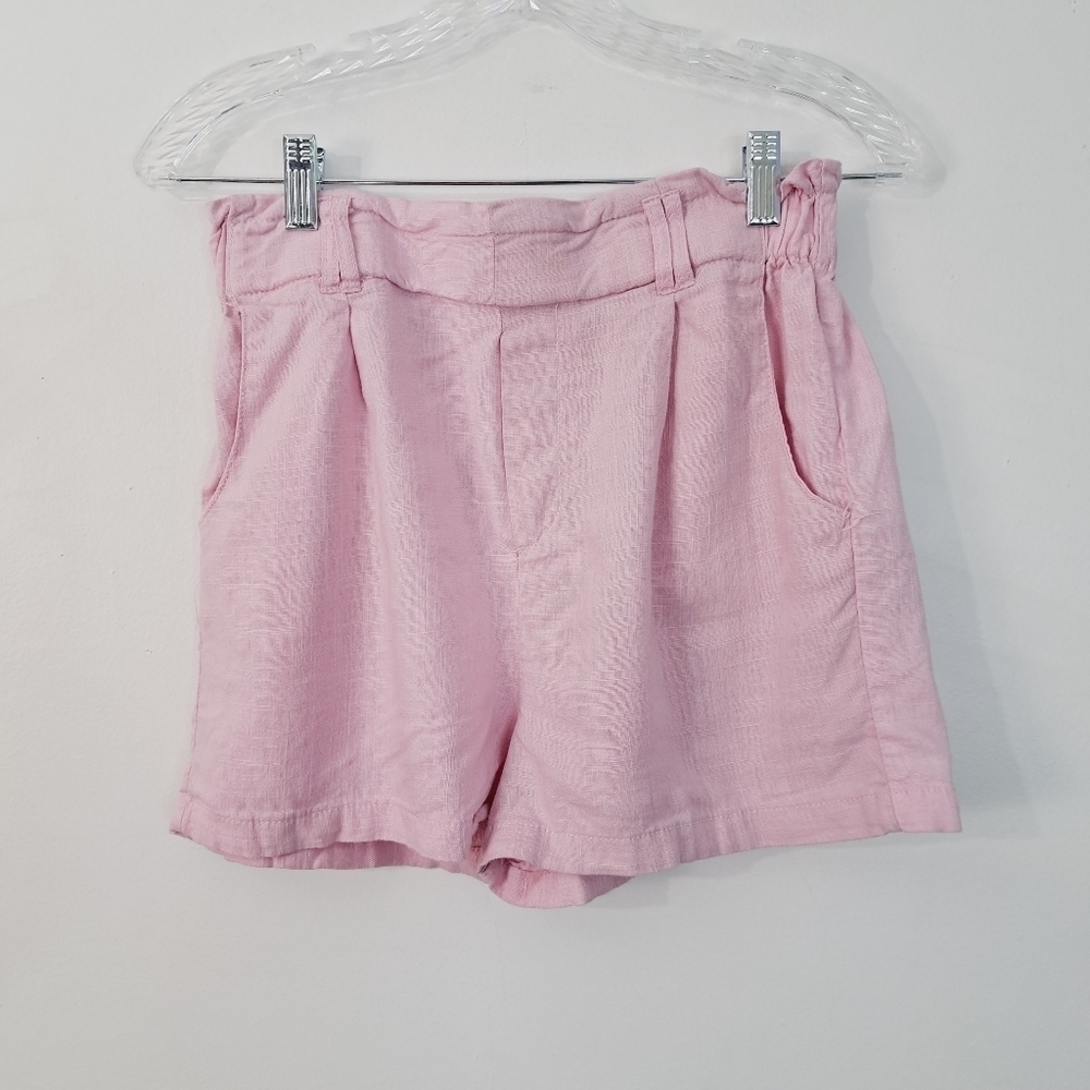 AMISU‎ Pink Paperbag Highwaist Viscose Linen Blend Shorts